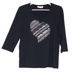 Chico's Zenergy Pullover Top T-Shirt Size 1 Black w/ Heart Patchwork 3/4 Sleeve